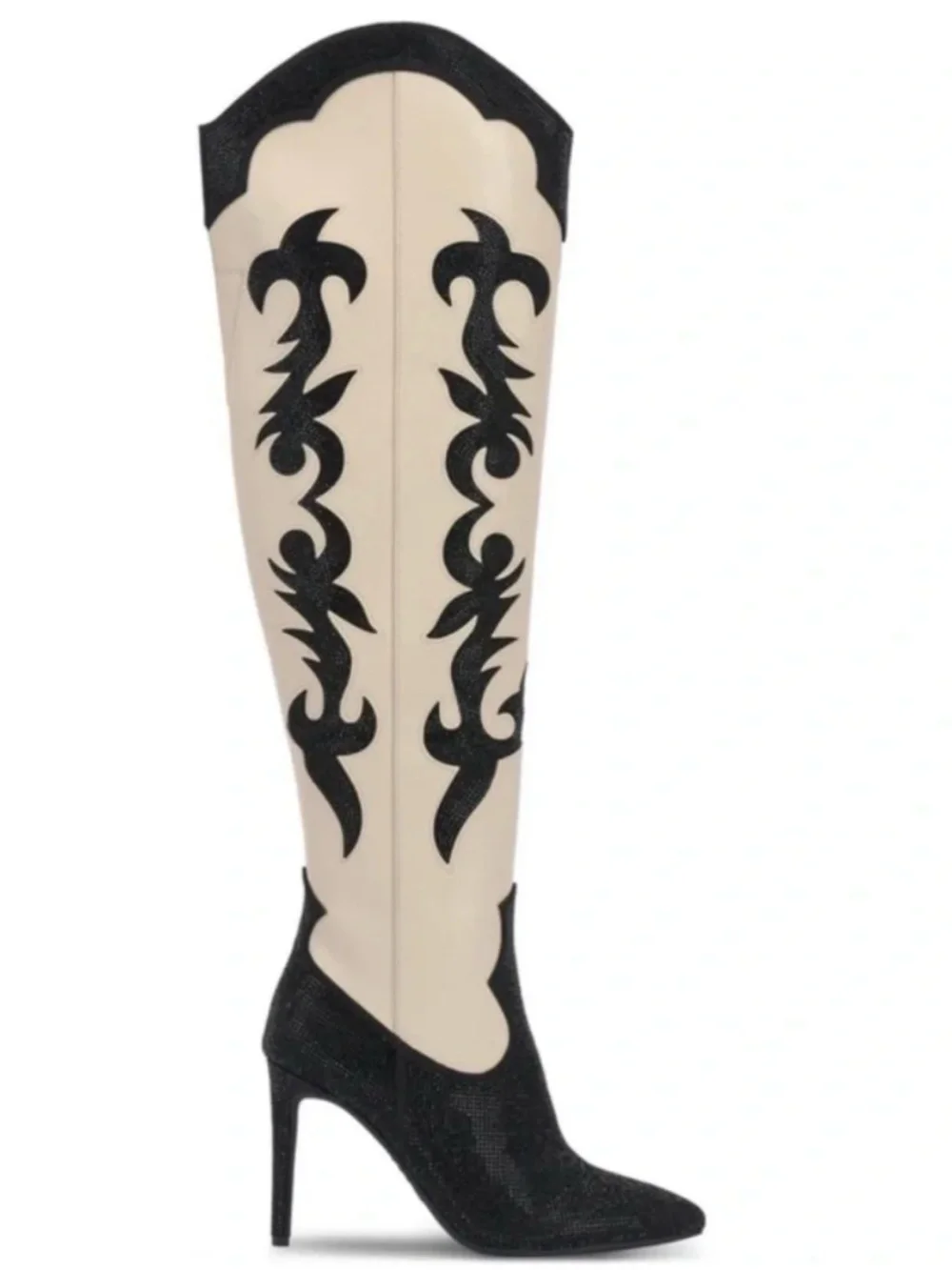 Tall Western-Inspired Knee Boots in Cream and Black